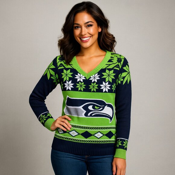 Seattle Seahawks Medium NFL Ugly Christmas Sweater Green Navy Rare Fan Gear - Picture 1 of 7